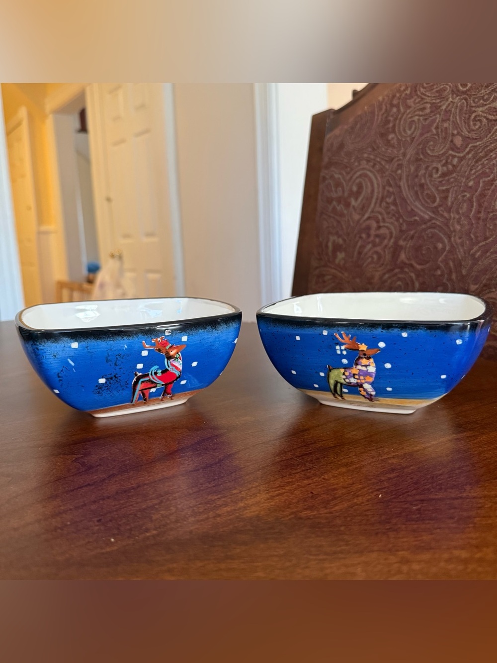 2 Nantucket Home 1999 Rebecca Ruegger Reindeer Dasher & Comet Bowls Candy Dishes